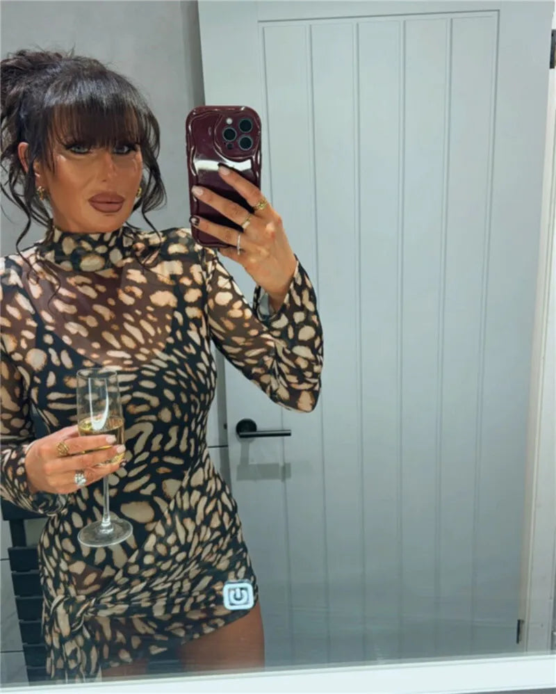 Leopard Print Sheer Mesh Mock Neck Long Sleeve Side Tie Mini Dress 13