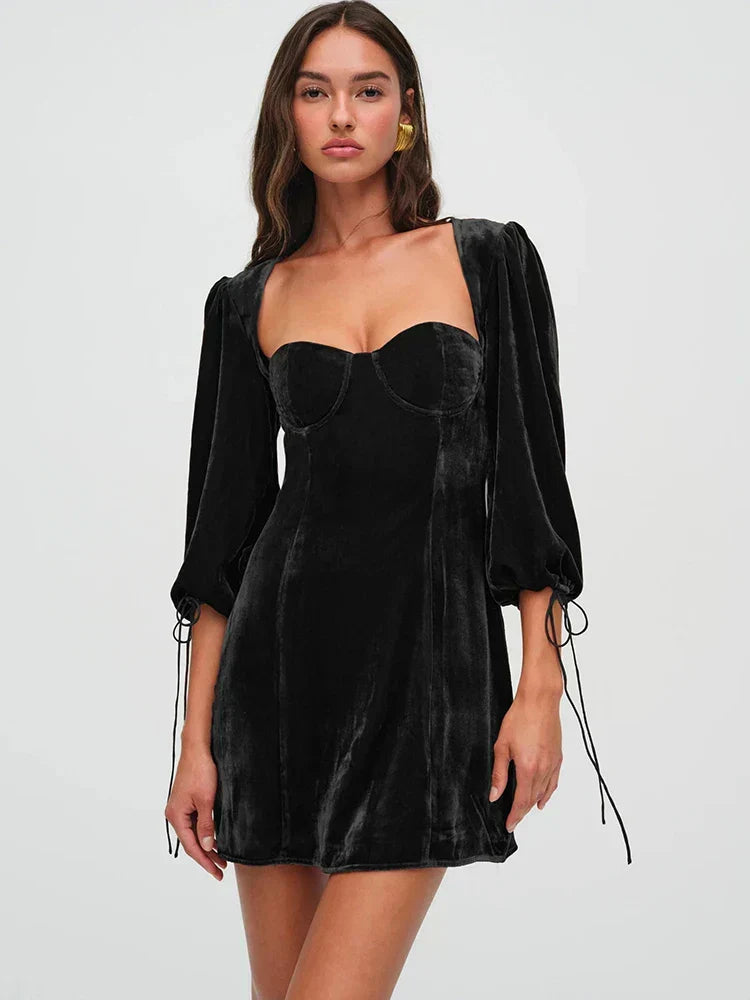 Velvet Puff Sleeve Open Back Tie Cuff Mini Dress 4