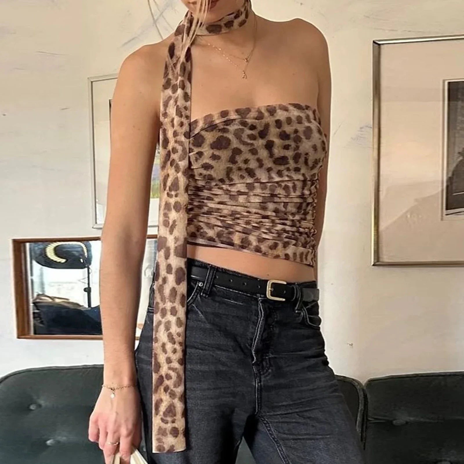 Leopard Tulle Ruched Strapless