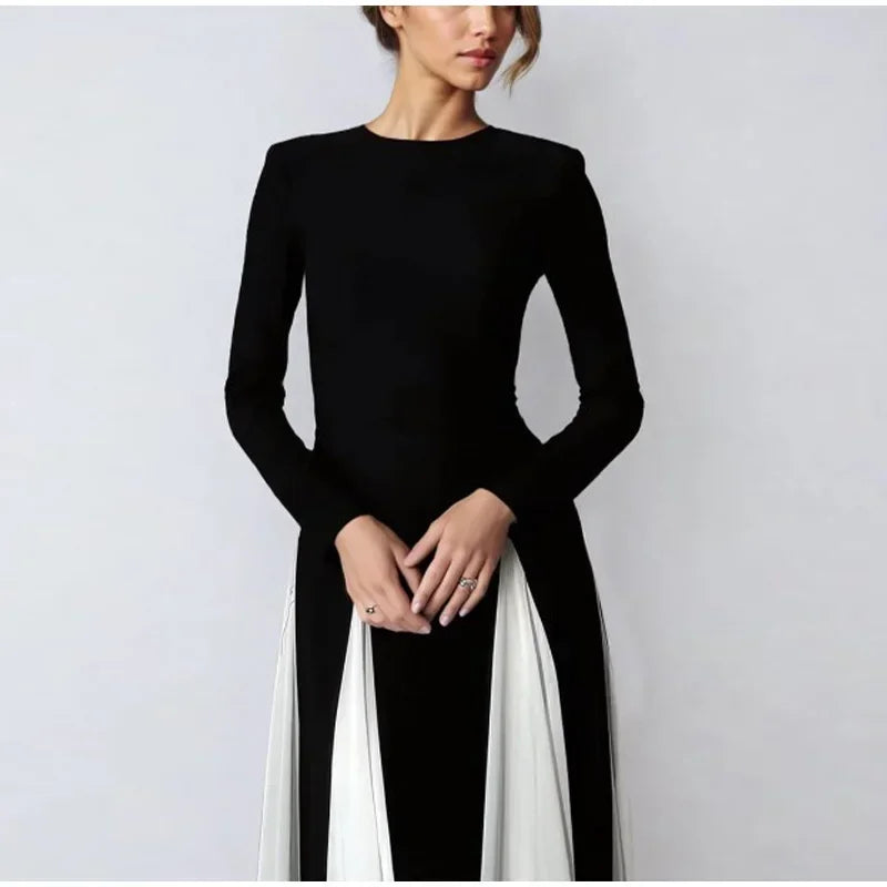 Pleated Patchwork Long Sleeve Maxi Dress
