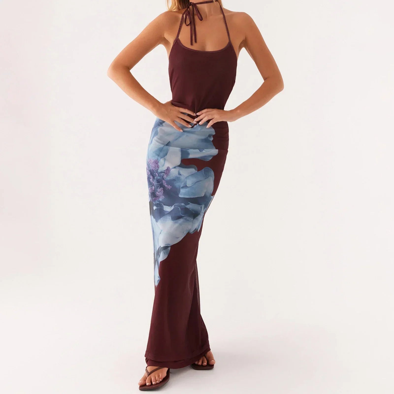 Floral Spaghetti Strap Lace Up Open Back Bodycon Maxi Dress