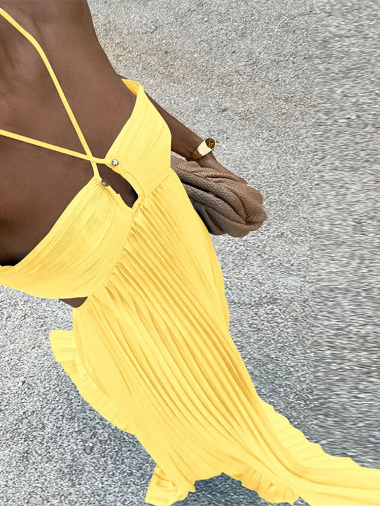 Pleated Edition Blue Halter Maxi Dress
