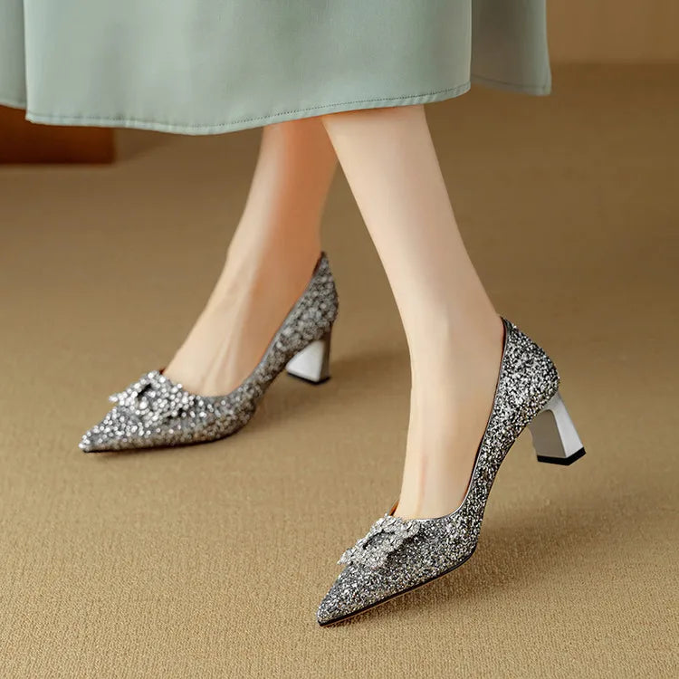 Glitter Pointed Toe Embellished Block Heel Pumps