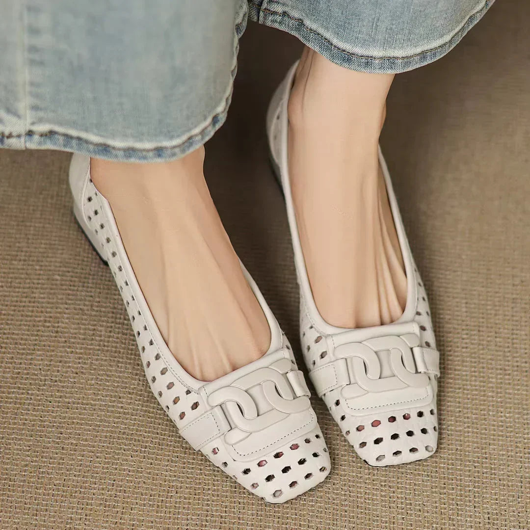 Square Toe Cutout Chain Buckle Ballet Flats