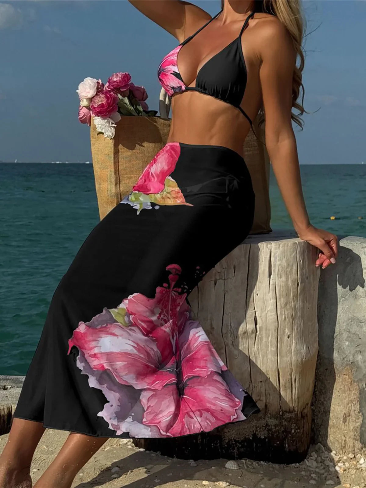 Flowers Skirt Halter Bather Sexy Three Piece Swim Sets