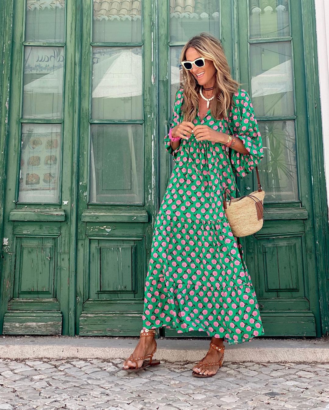 Geometric Print V-Neck Puff Sleeve Tiered High Low Maxi Dress