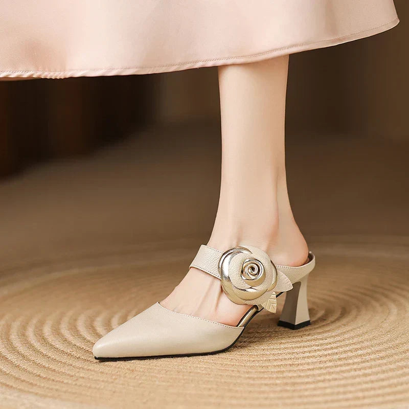 Pointed Toe Flower Buckle Block Heel Mules