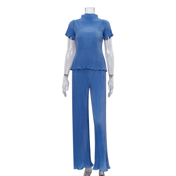 Mojoyce New French Pleated Women's Set Slim T-Shirt High Waist Wide Leg Pants Set Ladies Blue Elegant Suit Casual Summer