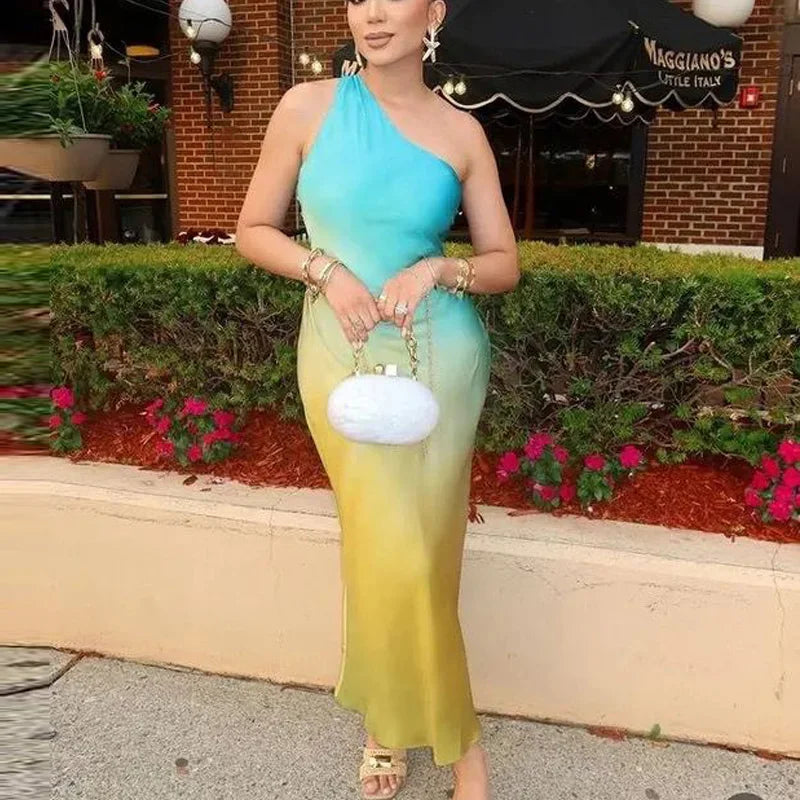 Satin Ombre One Shoulder Sleeveless Bodycon Maxi Dress