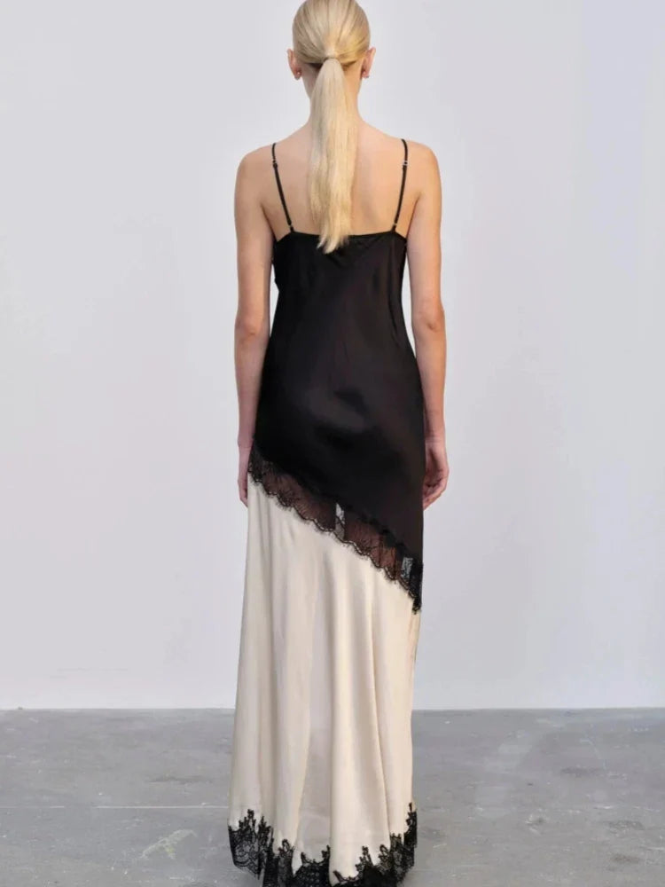 Satin V-Neck Lace Trim Colorblock High Split Maxi Slip Dress 3