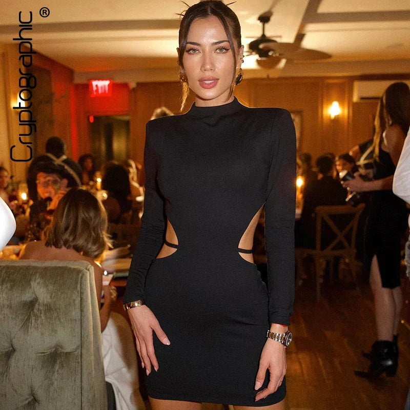Mock Neck Long Sleeve Padded Shoulder Side Cut Out Bodycon Mini Dress