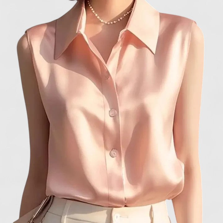 Collared Sleeveless Button Front Satin Blouse