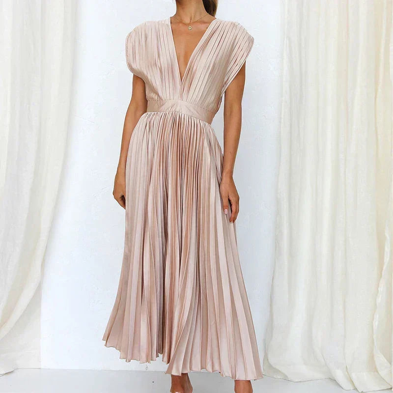 Deep V-Neck Cap Sleeve Pleated Flared Midi Dress