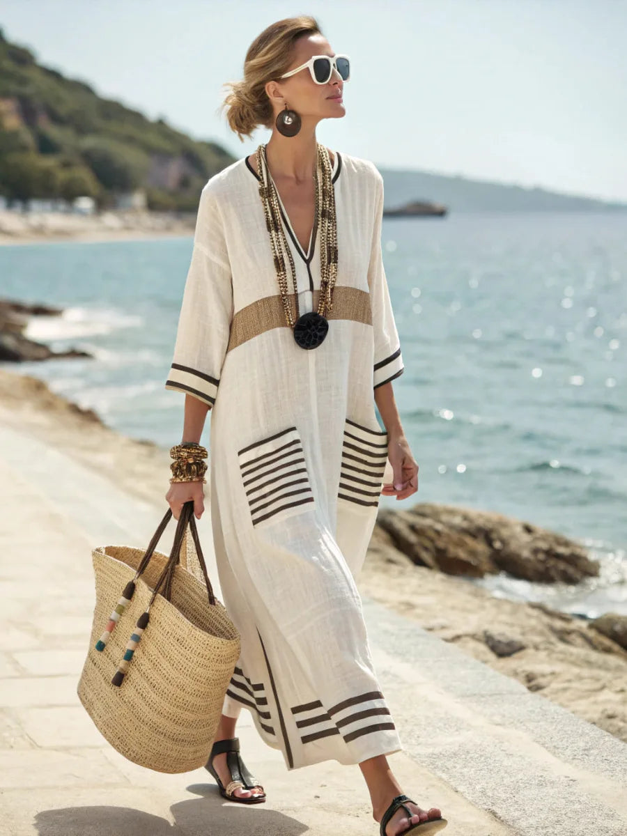 V-Neck Striped Trim Three Quarter Sleeve Beach Cover Up Kaftan