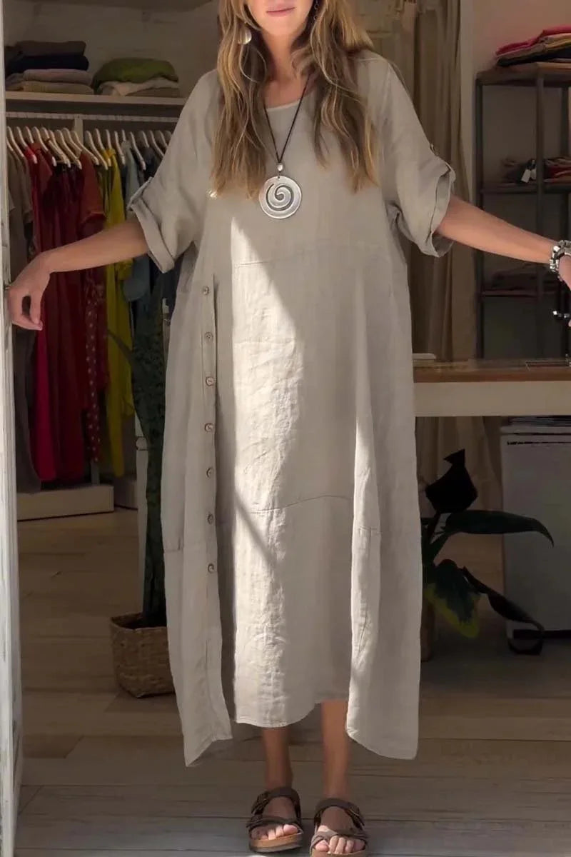 V-Neck Roll Tab Sleeve Pocket Oversized Maxi Dress