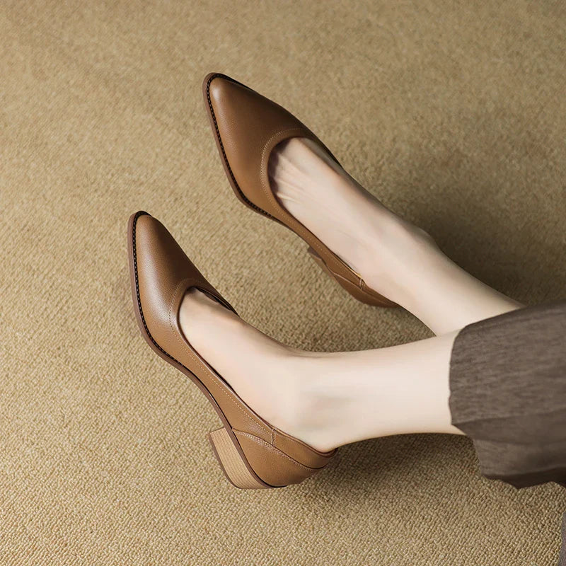 Pointed Toe Slip On Block Heel Pumps