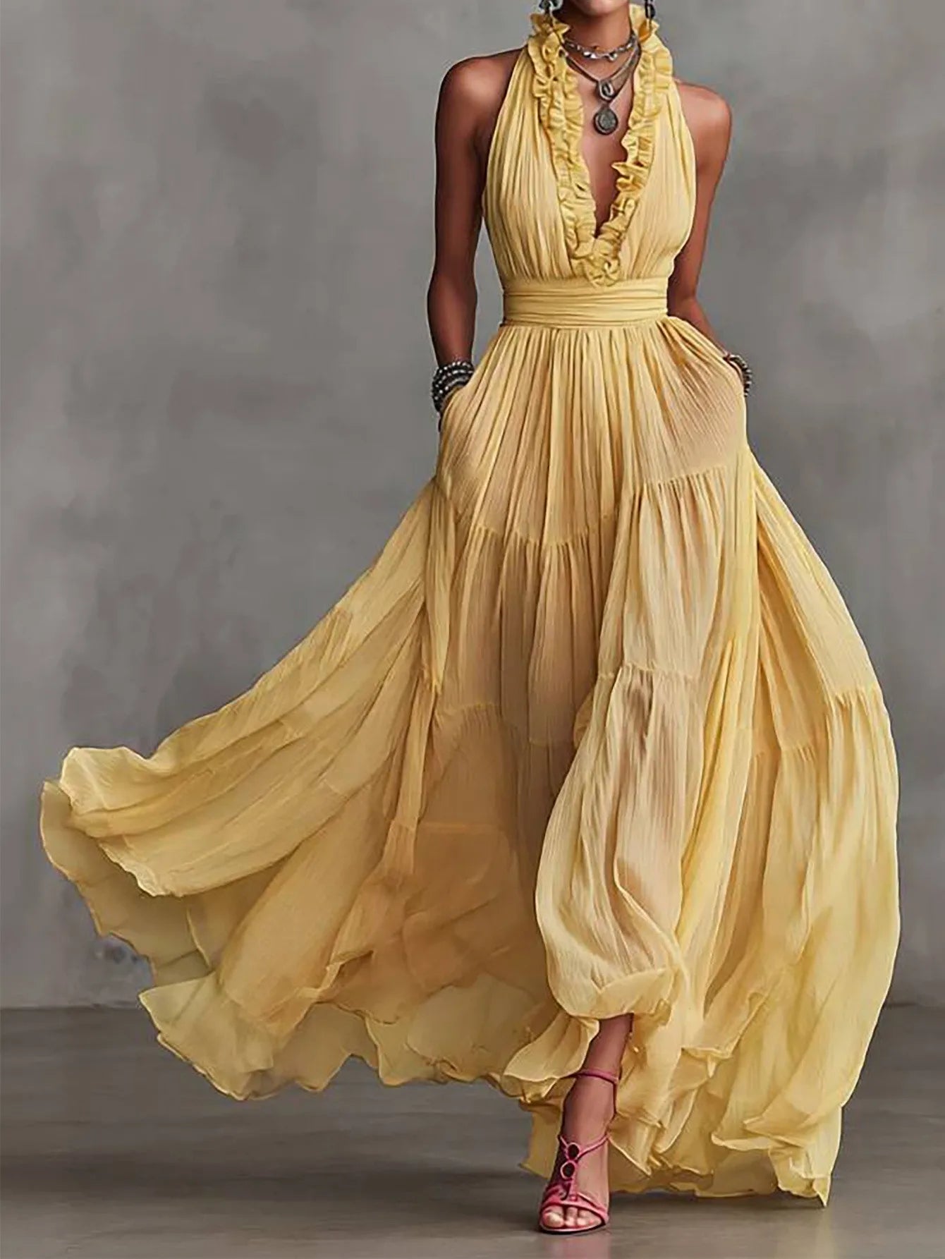 Halter Neck Deep V-Neck Ruffle Chiffon Maxi Dress