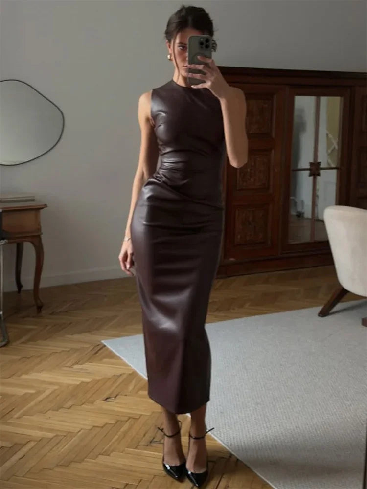 HANNA FAUX LEATHER DRESS Brown Long