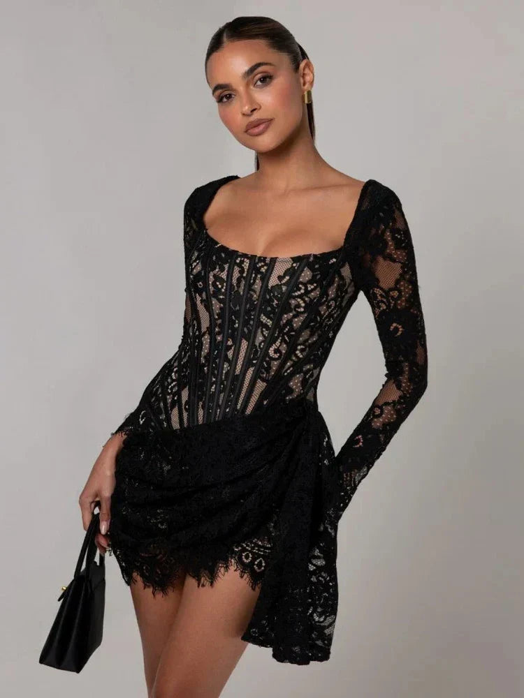 Lace Square Neck Long Sleeve Corset Ruched Mini Dress 2