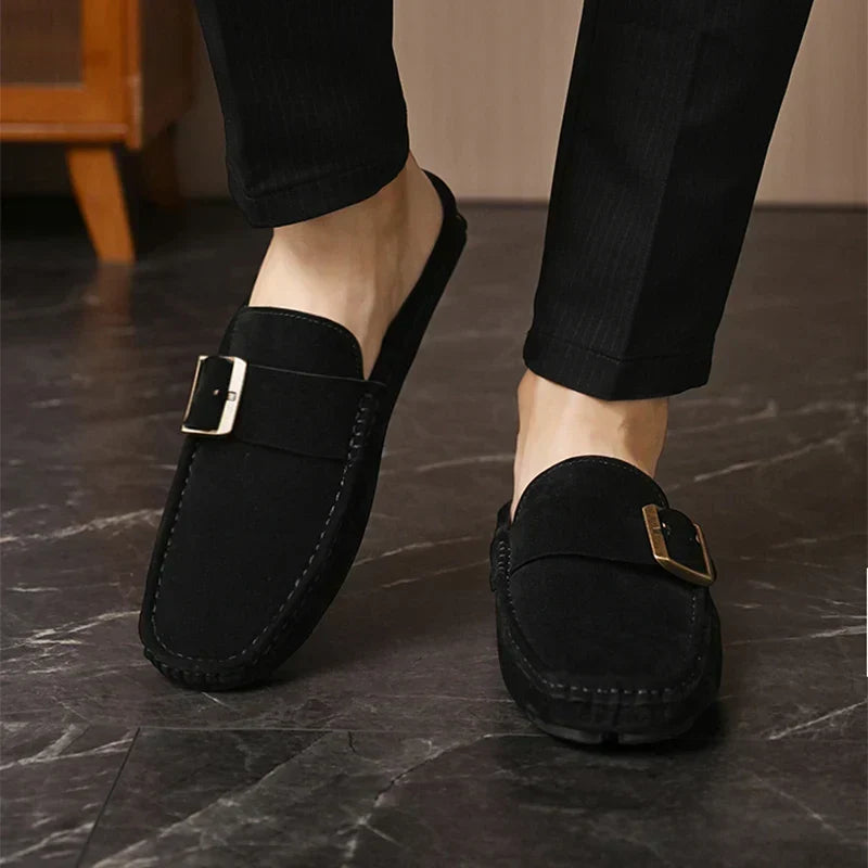 Suede-Look Buckle Backless Loafer Mules