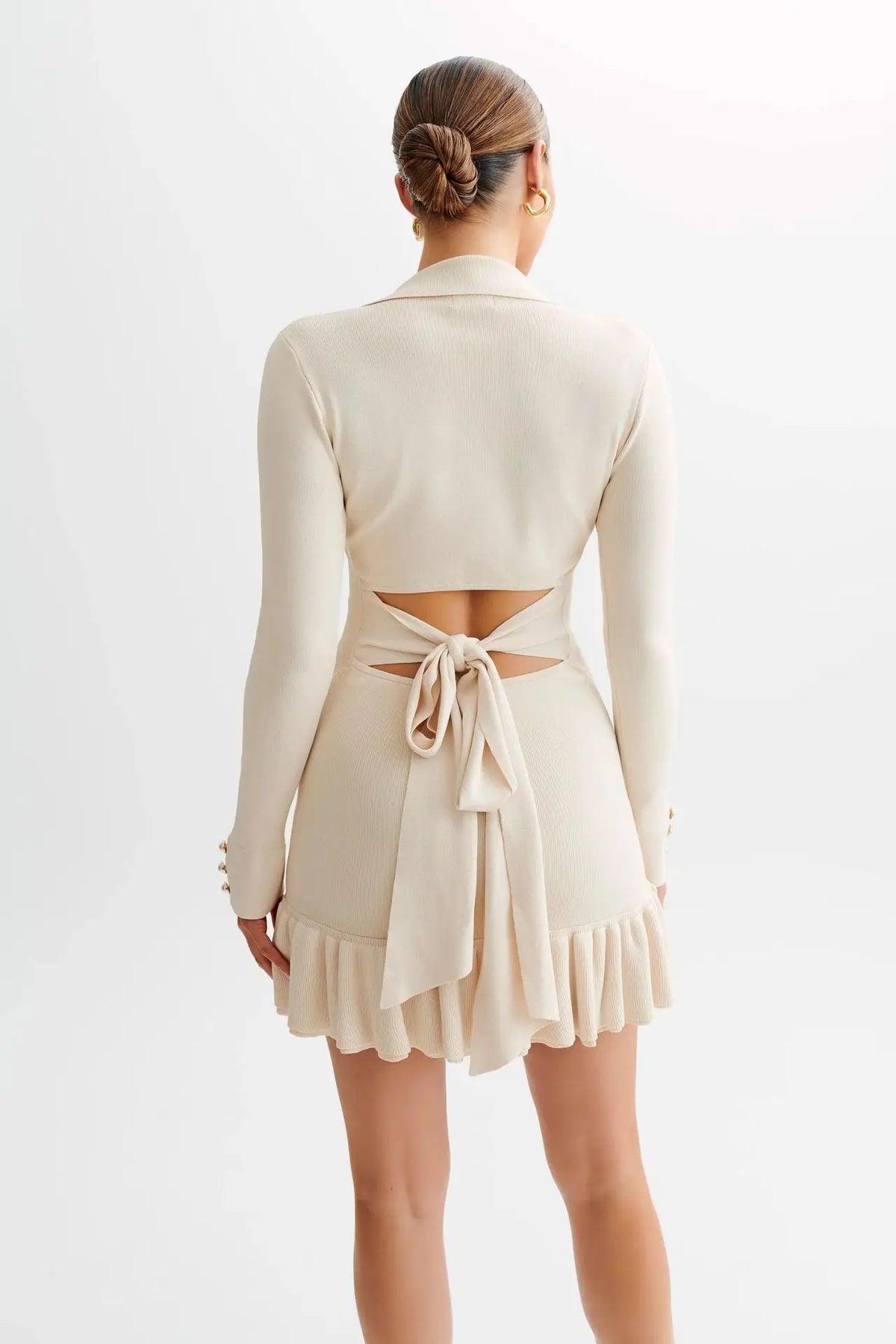 Contrast Collar Button Front Long Sleeve Ruffle Hem Knit Mini Dress 22