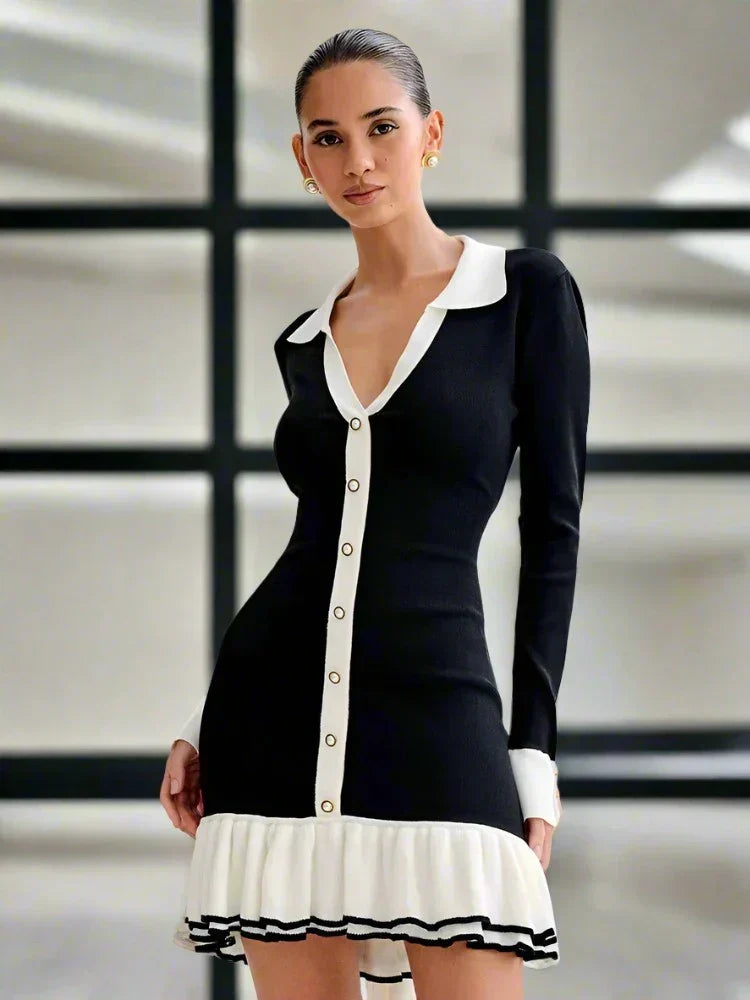Contrast Collar Button Front Long Sleeve Ruffle Hem Knit Mini Dress