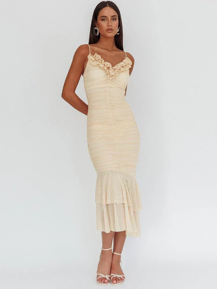 Ruched Mesh Ruffle V-Neck Spaghetti Strap Tiered Mermaid Midi Dress 2