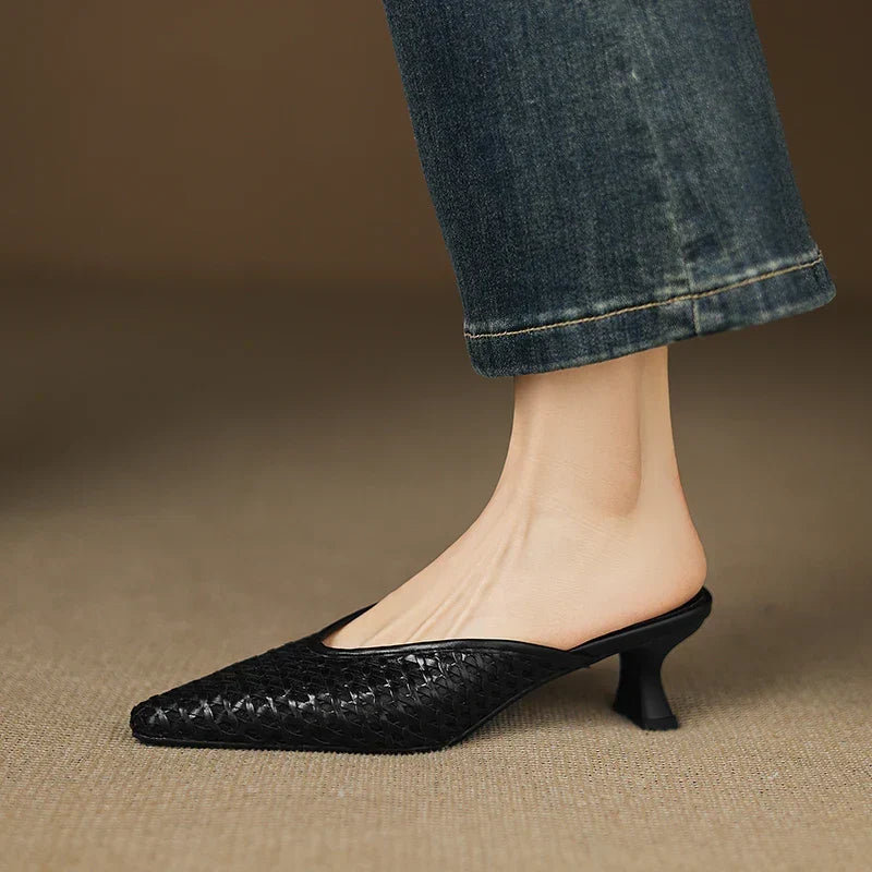 Woven Pointed Toe Kitten Heel Mules