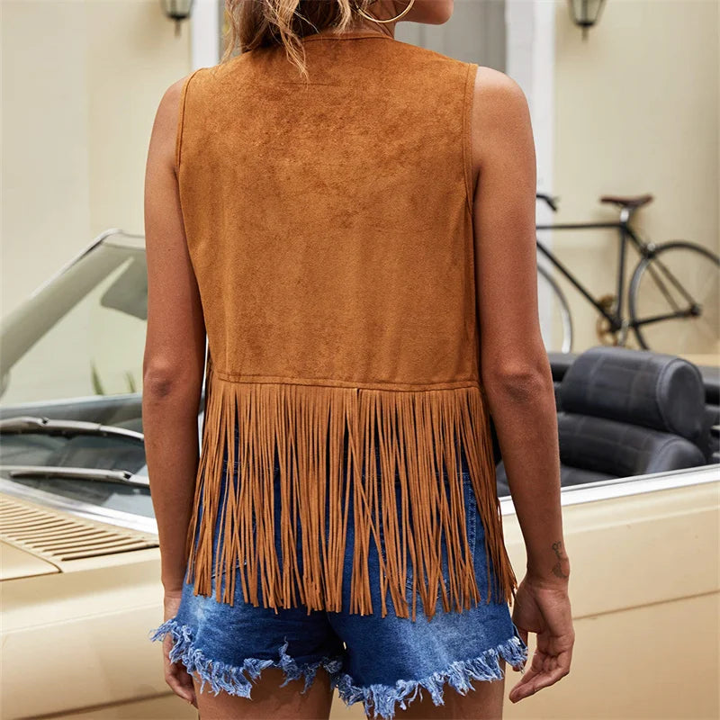 Fringe Suede Look Open Front Vest