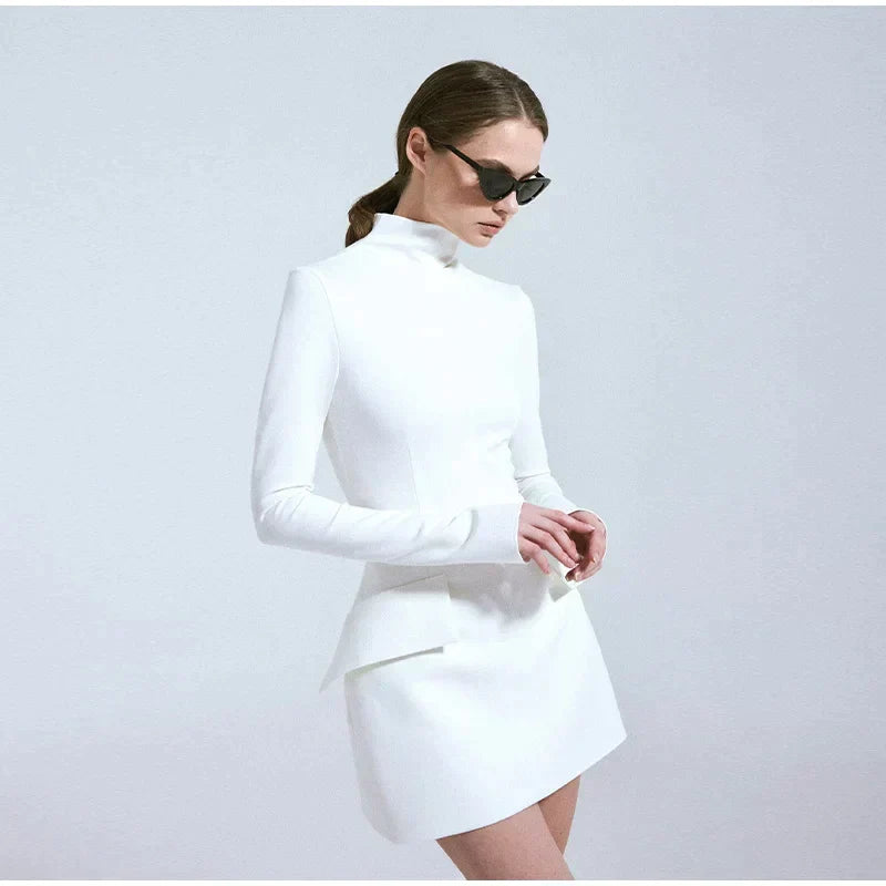 Mock Neck Long Sleeve Peplum Hem Bodycon Mini Dress