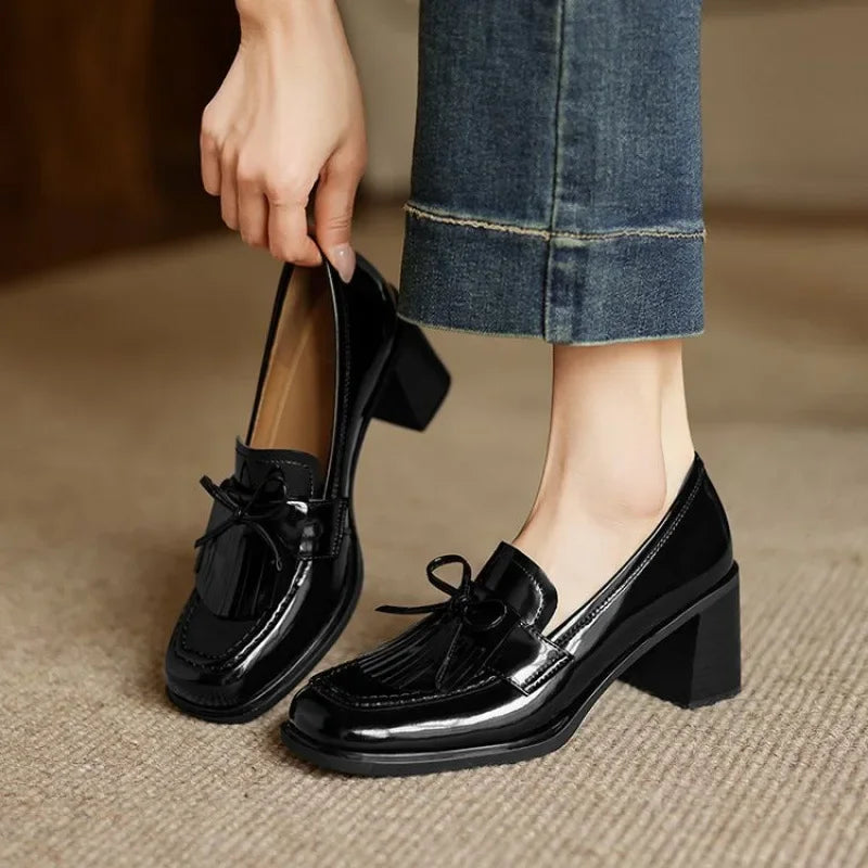 Square Toe Tassel Block Heel Loafer Pumps