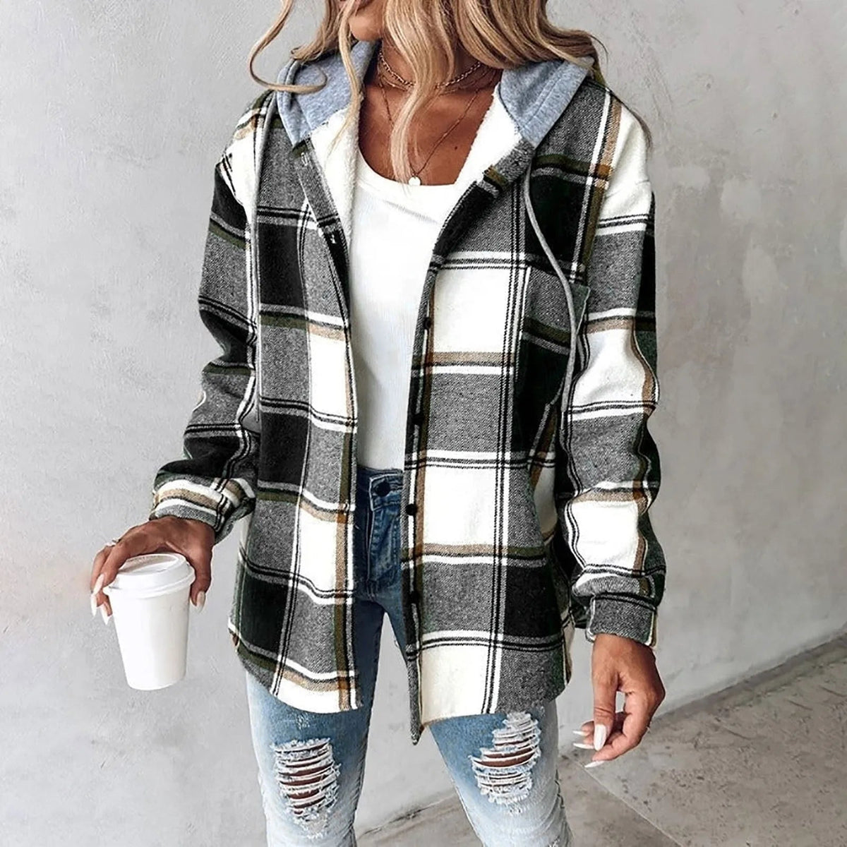 Plaid Hooded Button Front Shacket