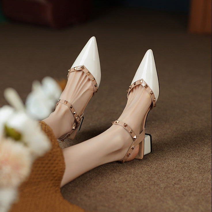 Pointed Toe Studded Slingback Block Heel Pumps