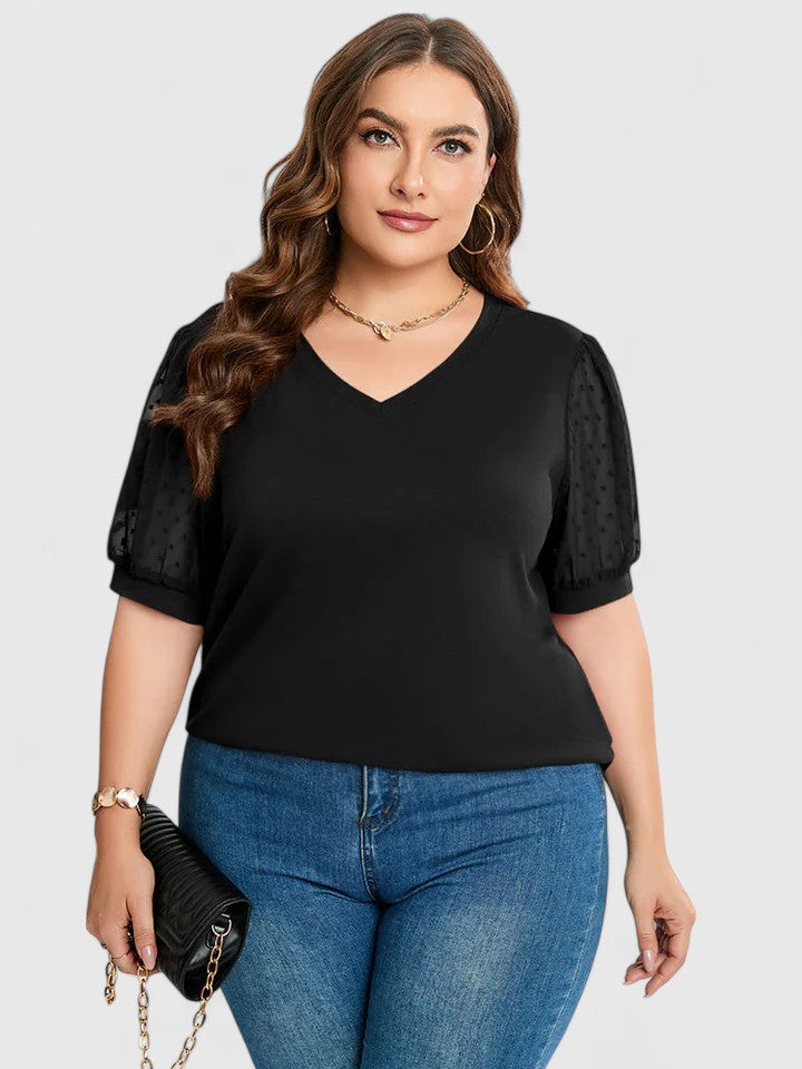 V-Neck Swiss Dot Mesh Puff Short Sleeve Top