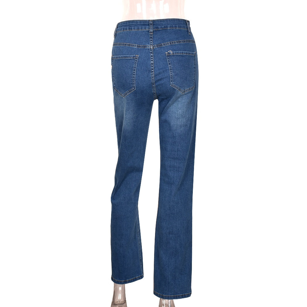 Women Low Waist Vintage Straight Denim Trousers Cyber Y2k Goth Pants Fashion Mom Jeans
