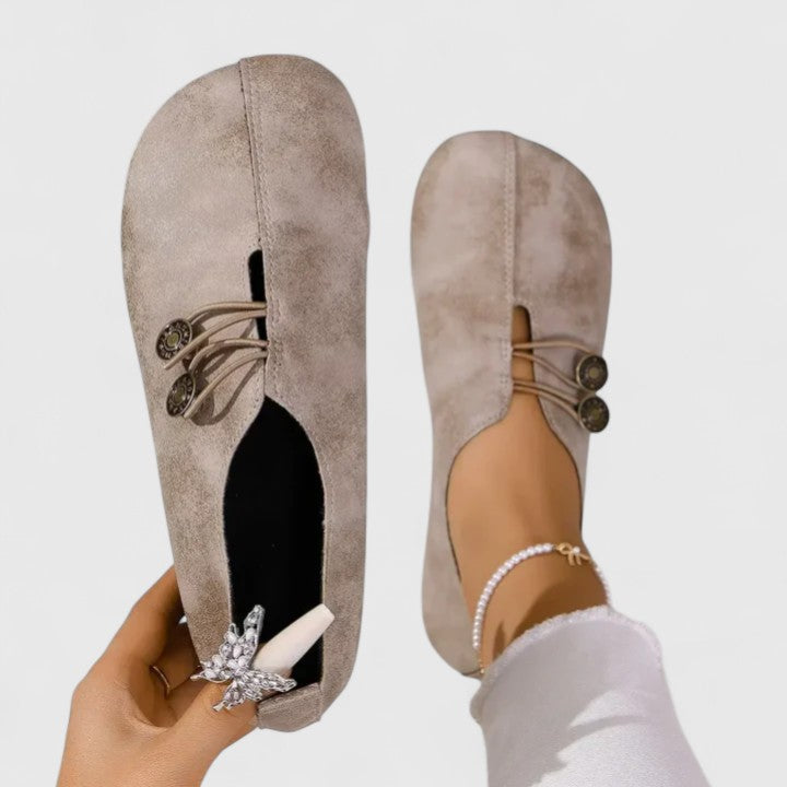 Round Toe Button Slip On Suede Look Flats