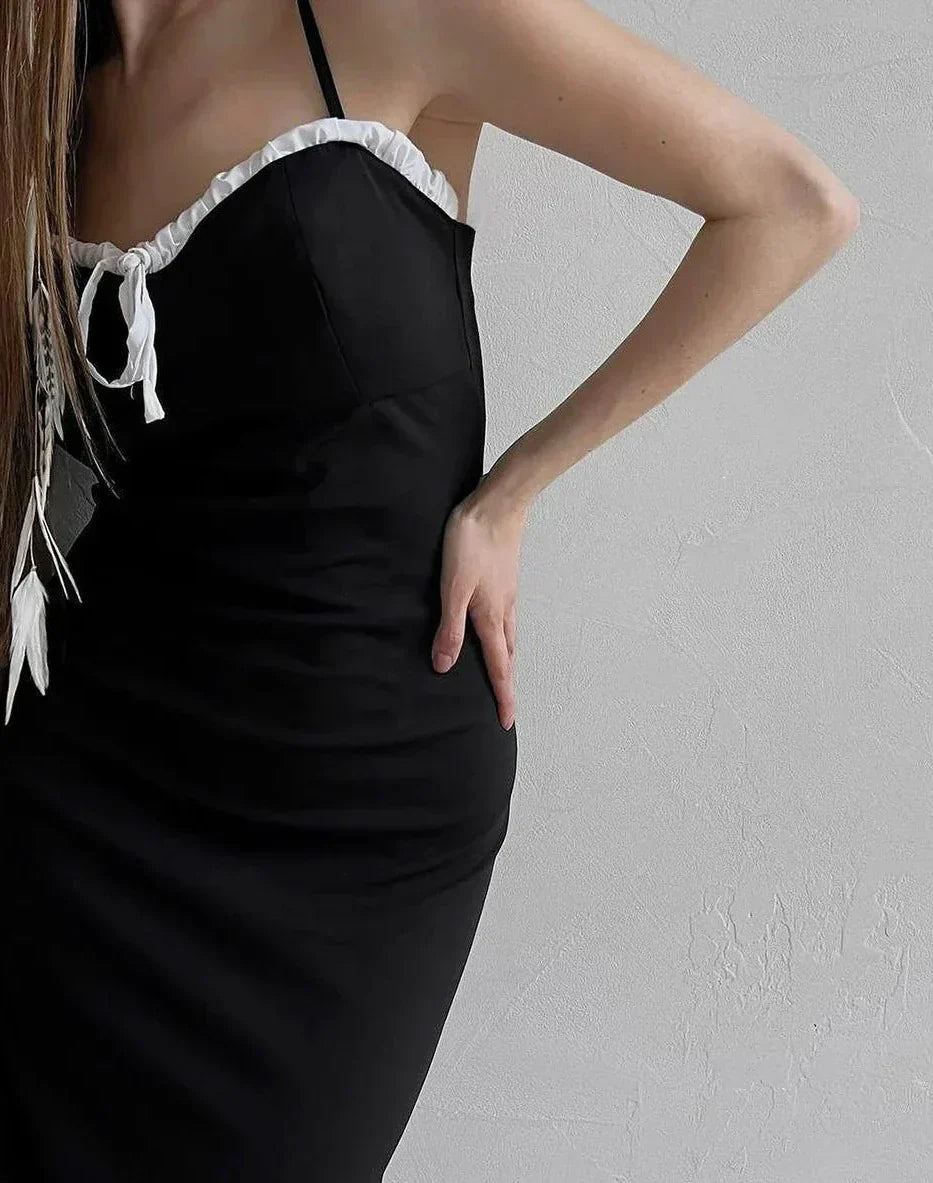 Contrast Lace Trim Bow Front Spaghetti Strap Bodycon Maxi Dress 10