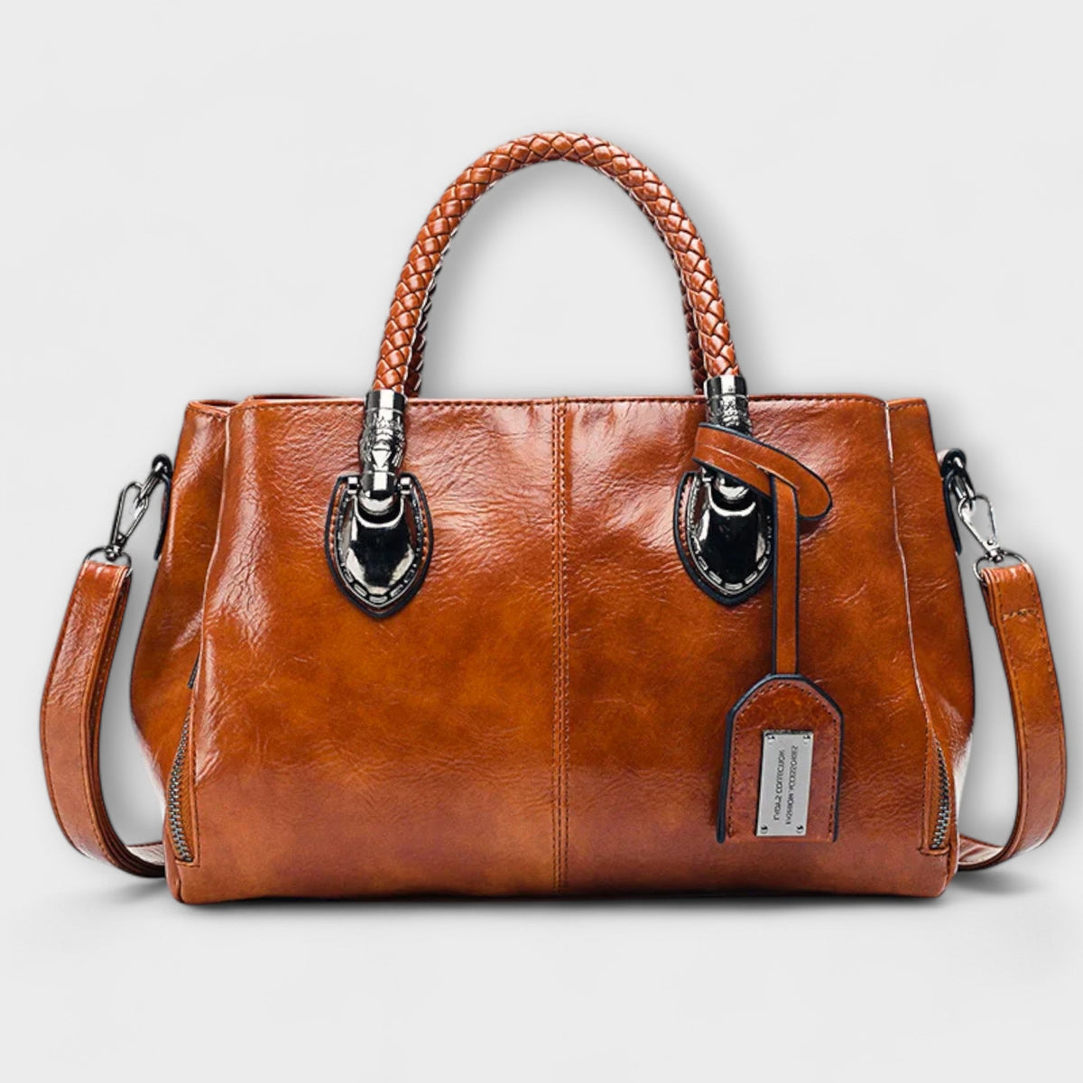 Braided Handle Faux Leather Satchel Bag