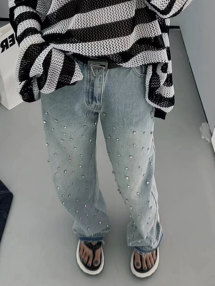 Rhinestone Studded High Waist Straight Leg Frayed Hem Jeans 4