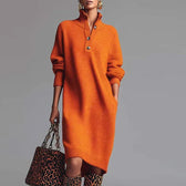 Knit High Neck Long Sleeve Button Shift Midi Dress