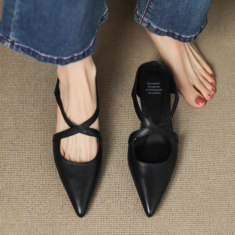 Pointed Toe Cross Strap Flat Mules