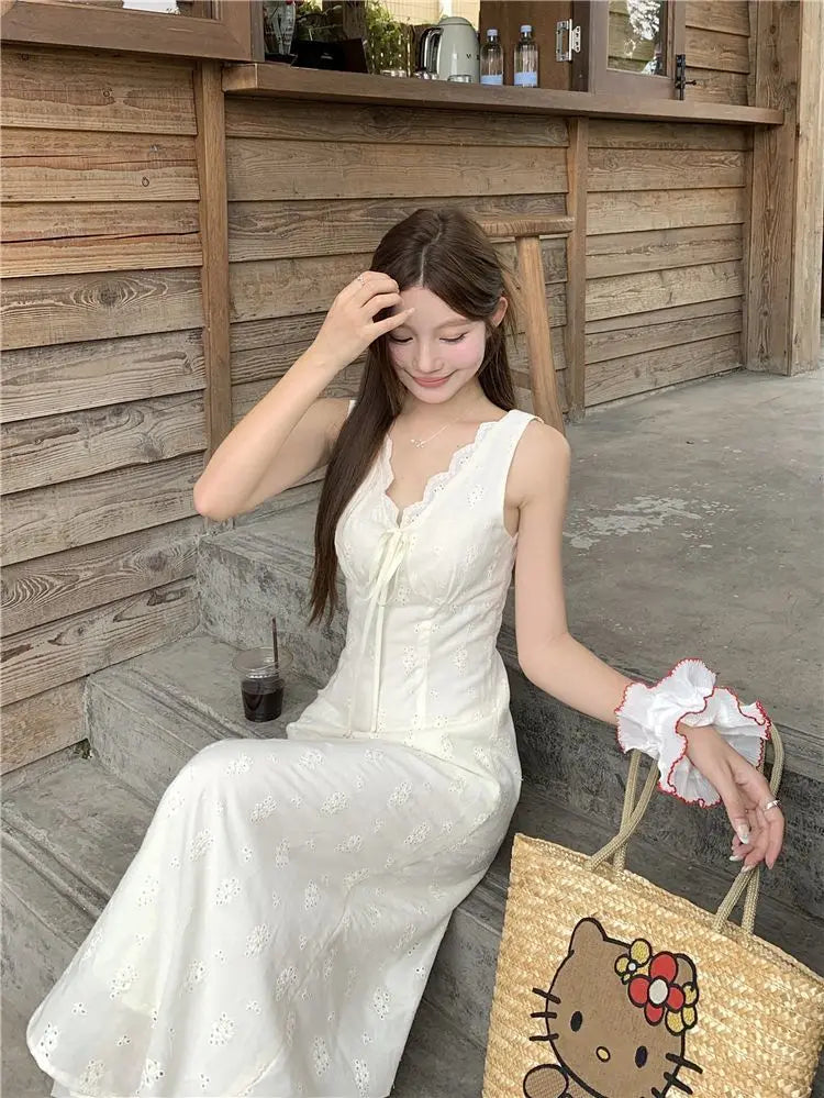 Eyelet V-Neck Lace Trim Slip Midi Dress Summer 9