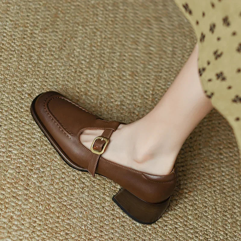 Square Toe T-Strap Buckle Mary Jane Flats