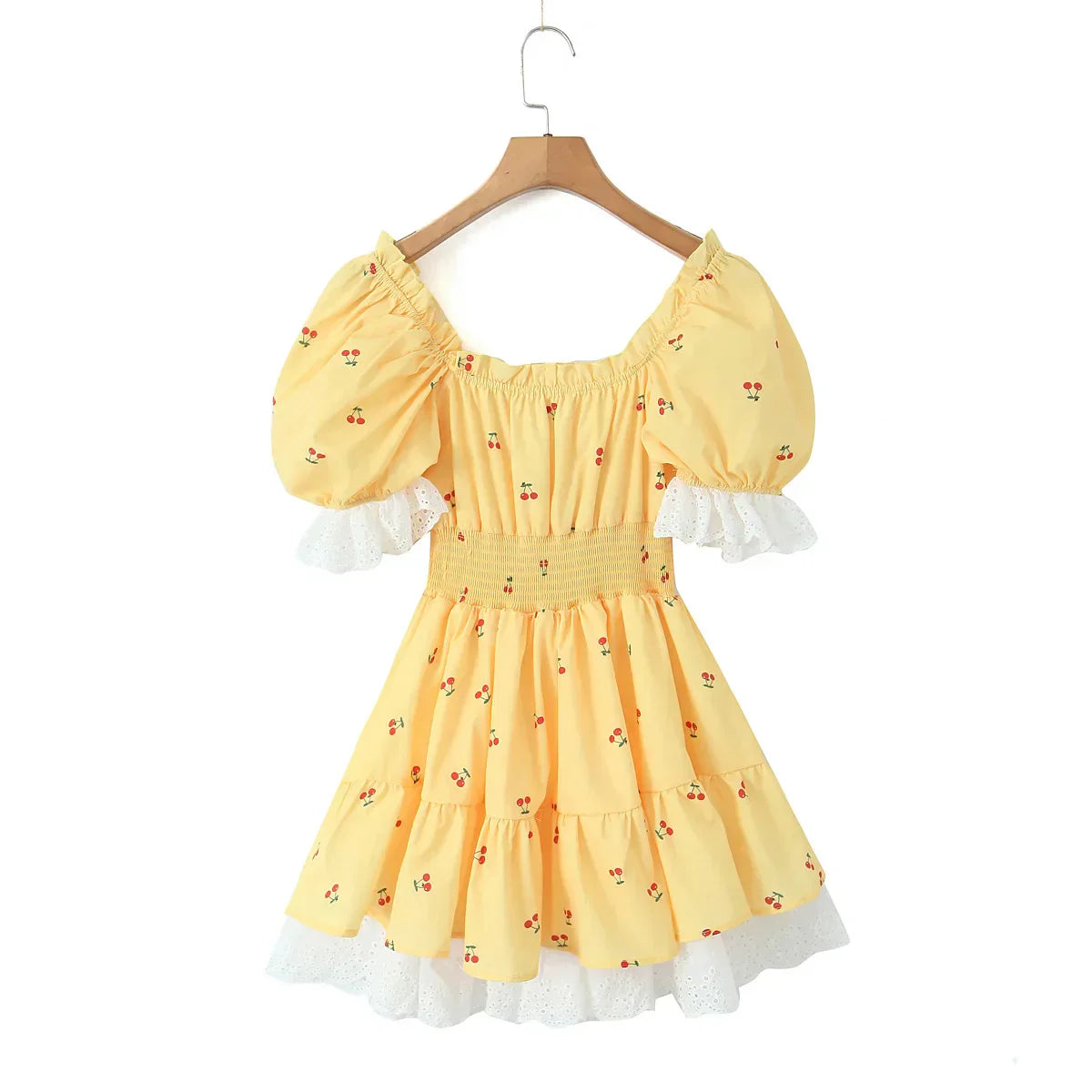Print Puff Sleeve Ruffles Lace - up Mini Dress