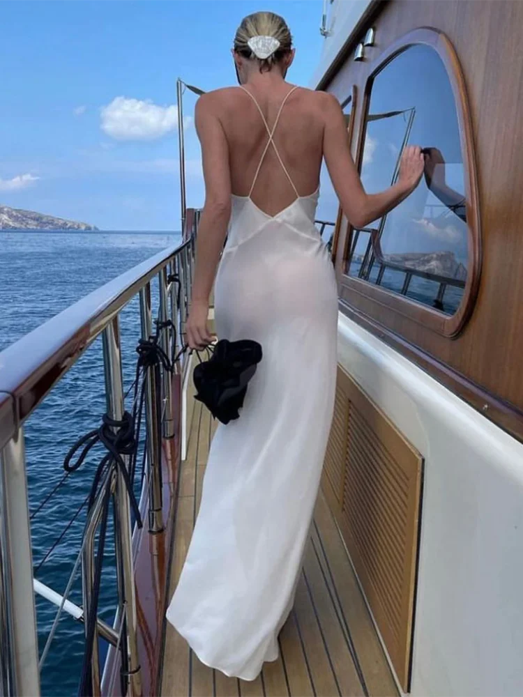 Deep V-Neck Spaghetti Strap Rosette Waist Column Maxi Gown