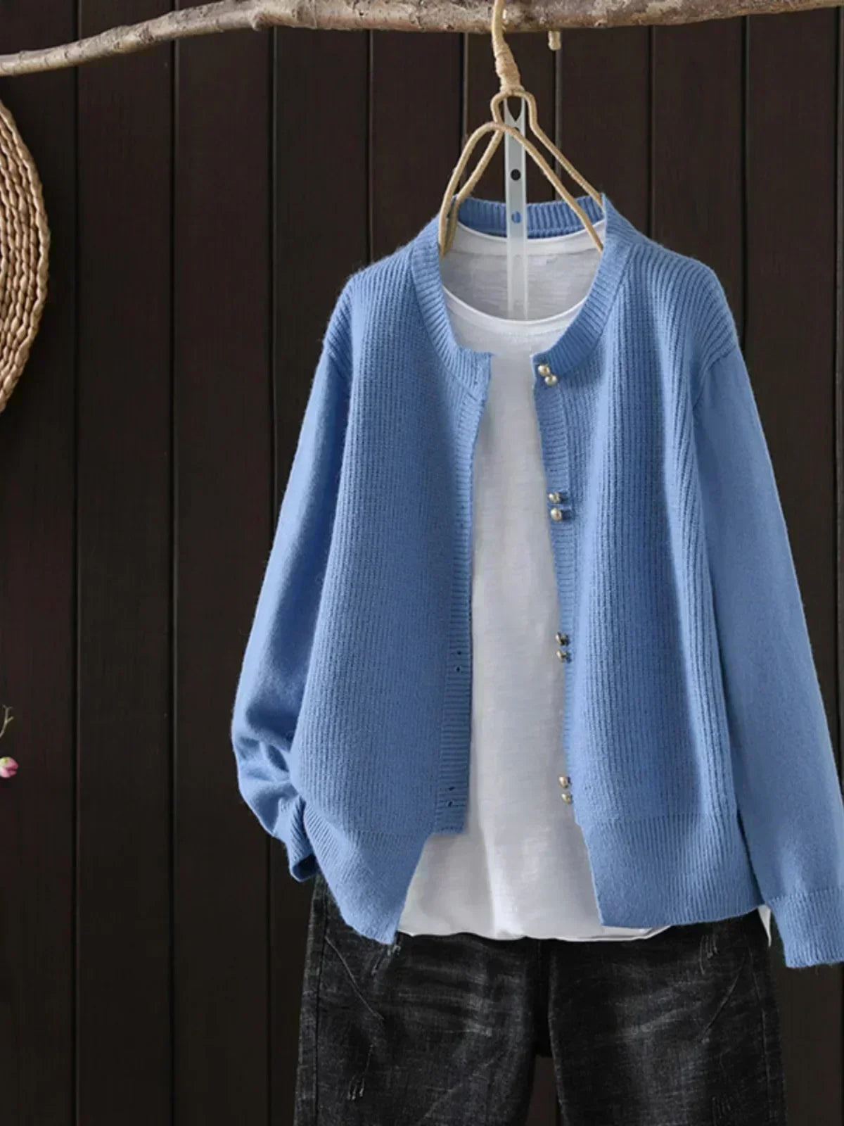 Pearl Button Ribbed Knit Cardigan