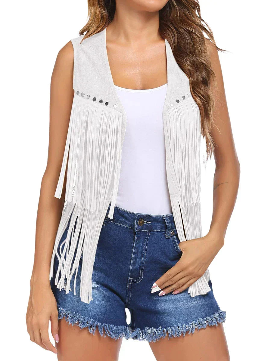 Fringe Suede Look Open Front Vest