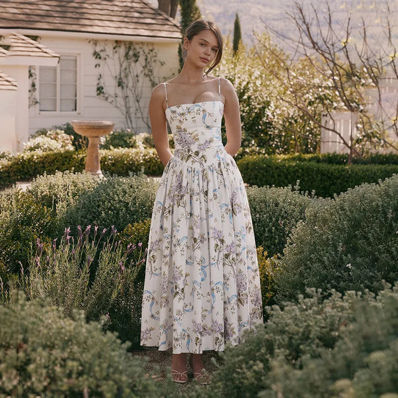 Pleated Print Aline Spaghetti Summer Dress