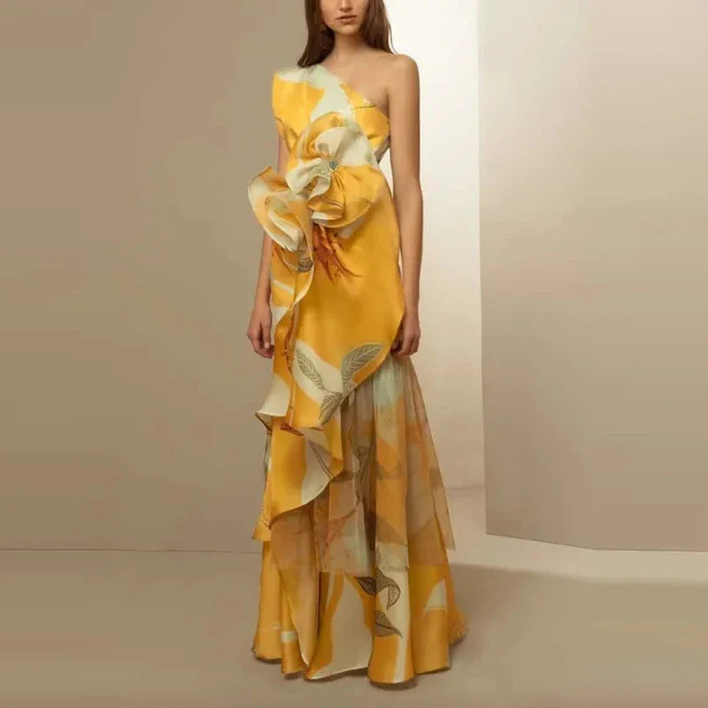 Diagonal Hollow Off Shoulder Floral Dress