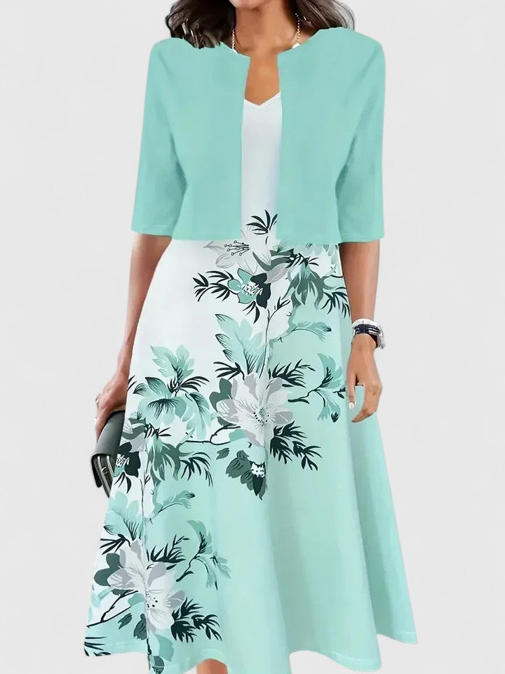 V-Neck Floral Print Fit and Flare Midi Dress